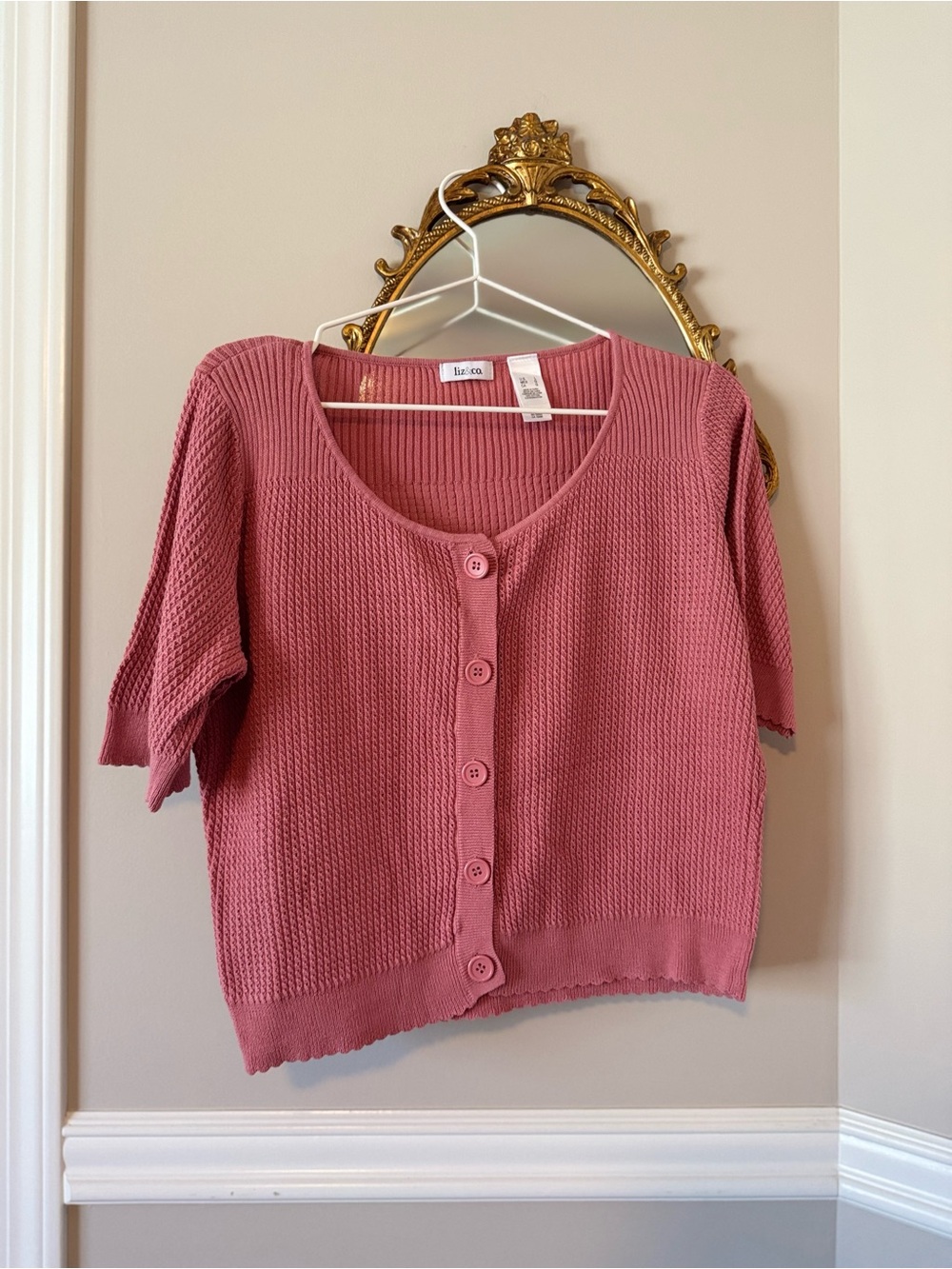 Vintage Liz & Co Short Sleeve Button Cardigan - Dusty Rose